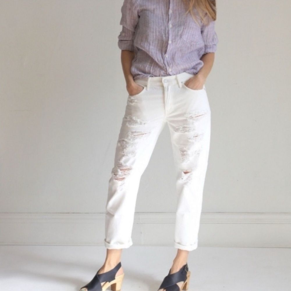 MOTHER The Loosey Party Crashers Distressed Boyfriend White Jeans 25 Relaxed Fit - Picture 5 of 15